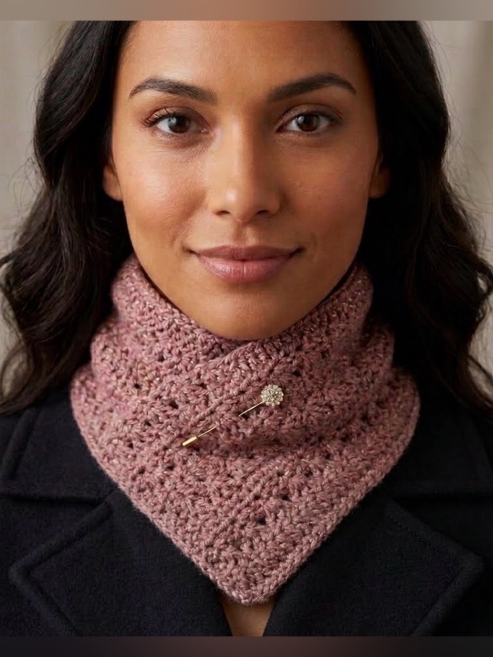 Hand Crafted Crochet Triangle Neck Warmer in Dusty Rose with Brooch